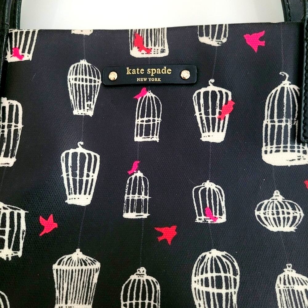 Kate Spade Jade Drive Bon Birdcage Tote Bag Novelty Print Black White Kitschy - Picture 3 of 13